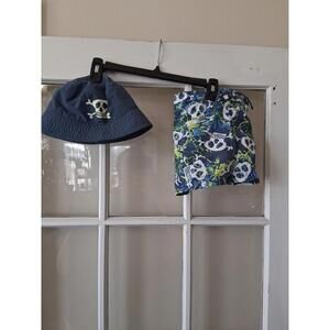 Amy Coe Blue x White Skulls Print Swim Trunks Wiyh Hat- Size: 12 Month U1